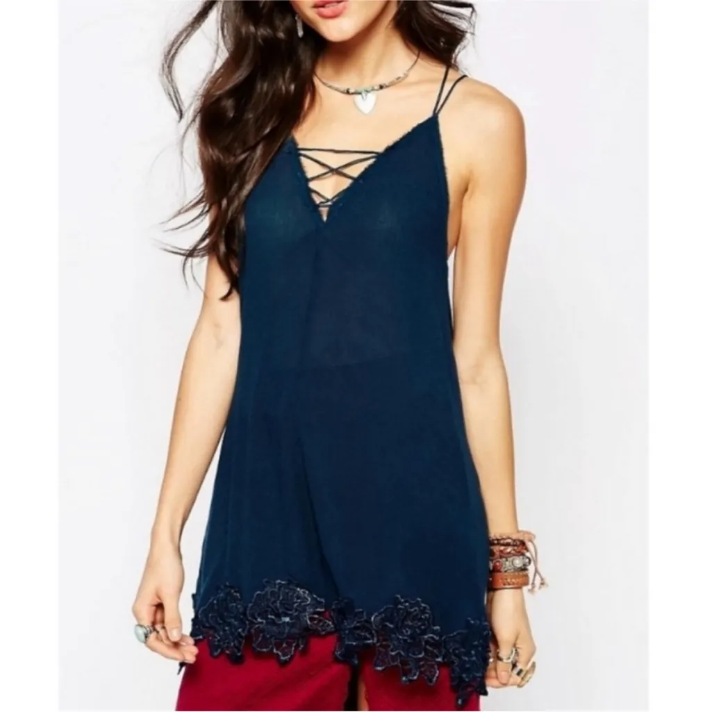 Free People Wicked Spell Tunic Mini Dress Teal Blue Boho Embroidered Size M - Image 3