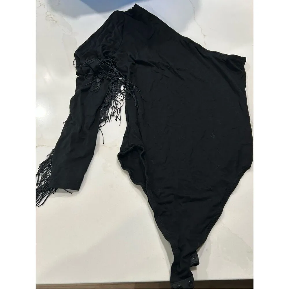 NEW Verdusa Fringe Trim One Shoulder Long Sleeve Bodysuit Top XS Black - Image 3