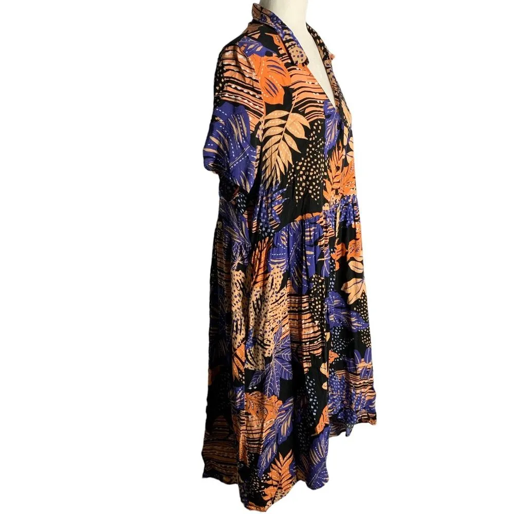 Loralette Short Sleeve High Low Dress 14/16 Black Palm Floral Buttons Pockets - Image 5