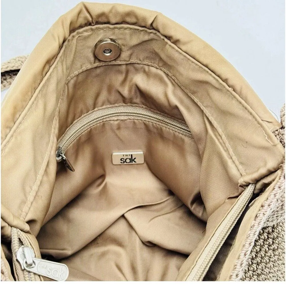 The Sak Crochet Purse Crossbody Shoulder Large Bag Beige Brown HandBag 10" X 13" - Image 10