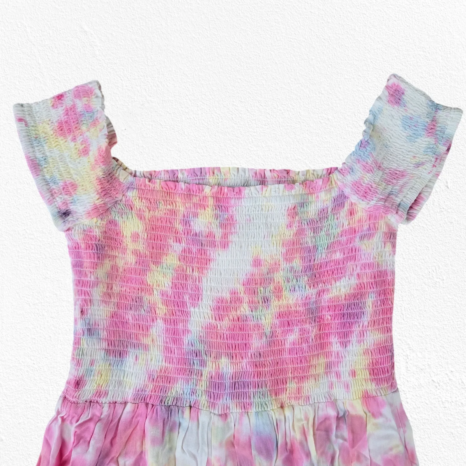 Pink White Tie Dye Smocked Off the Shoulder Area Stars Kaia Dress Size Small - Image 6