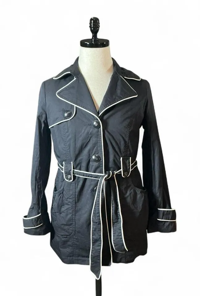 Dalia Collection Womens Black White Piping Trench Coat Belted Button Front - Image 1