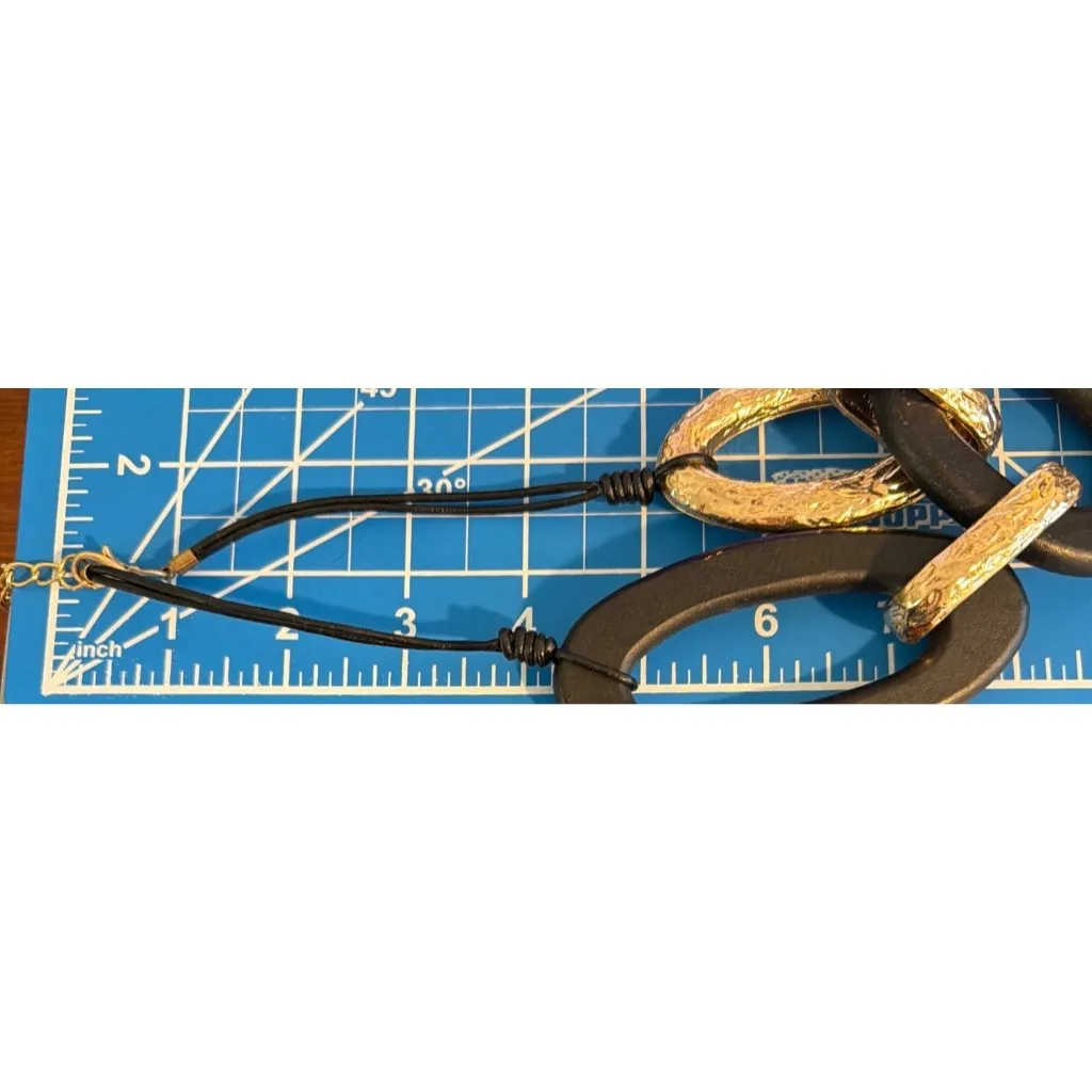 Black Gold Oval Link Statement Necklace Cord Chunky Textured Bold Adj 18" - Image 5