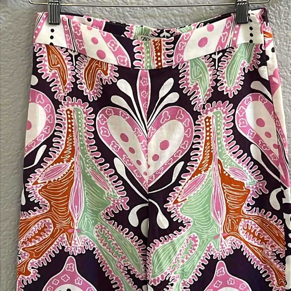 ZARA Linen Blend Floral Wide Leg Pants Size XS - Image 5