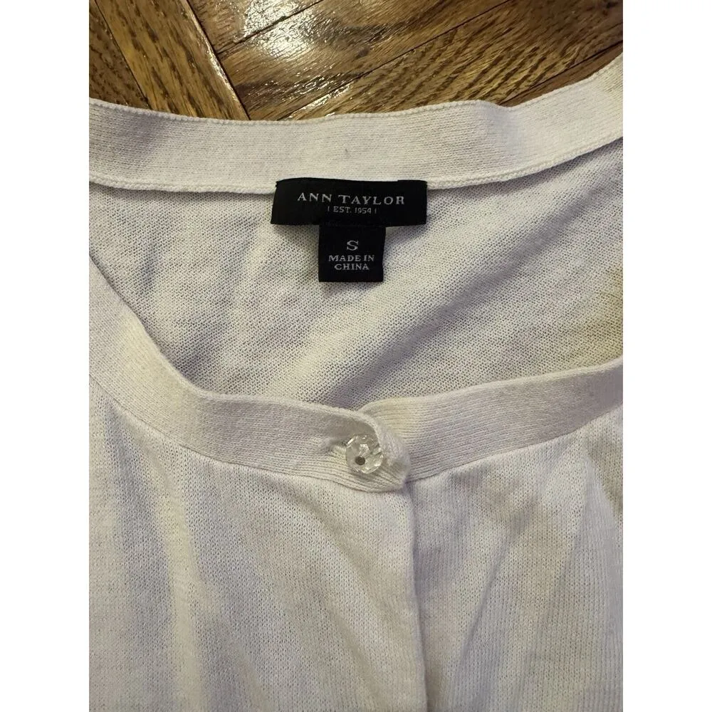 Ann Taylor Floral Embellished Cardigan Short Sleeve Shirt Career Cream Crystal - Image 3