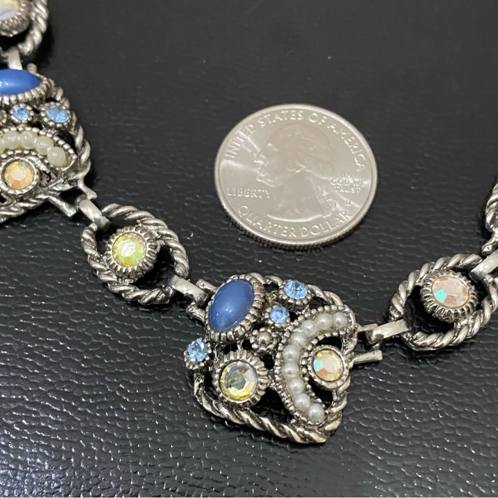 Vintage SELRO Blue Stone Rhinestones Faux Pearl Victorian Style Necklace - Image 11