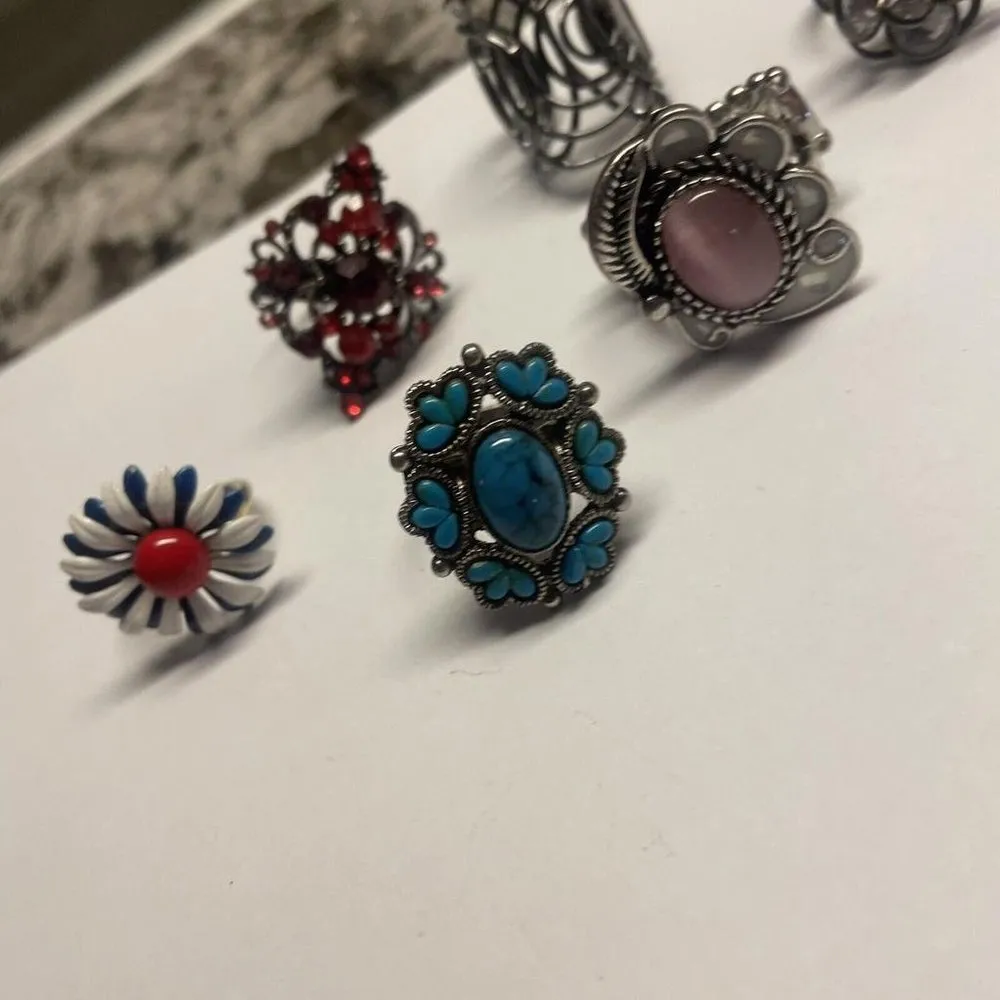 Adjustable Or Stretchy Statement Costume Rings Lot Of 6 Rhinestone, Metal, Etc - Image 4