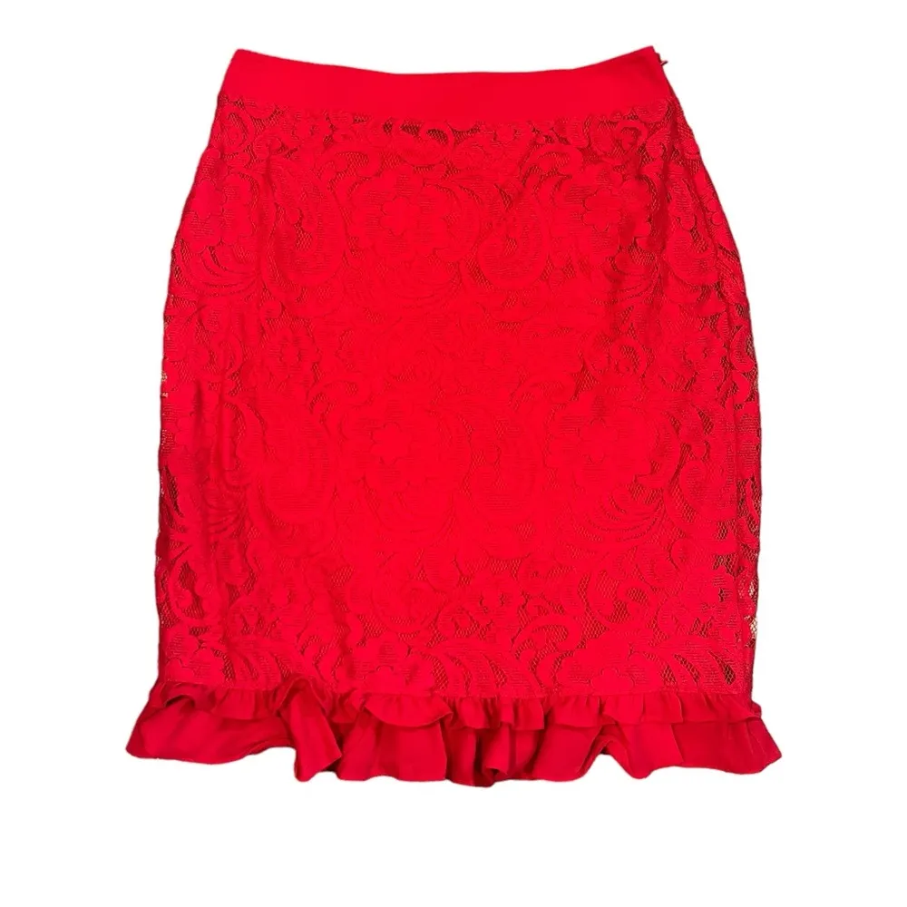 Liz Claiborne Career Red Lace Ruffled Trim Lined A Line Side Zip Skirt Holiday 8 - Image 2