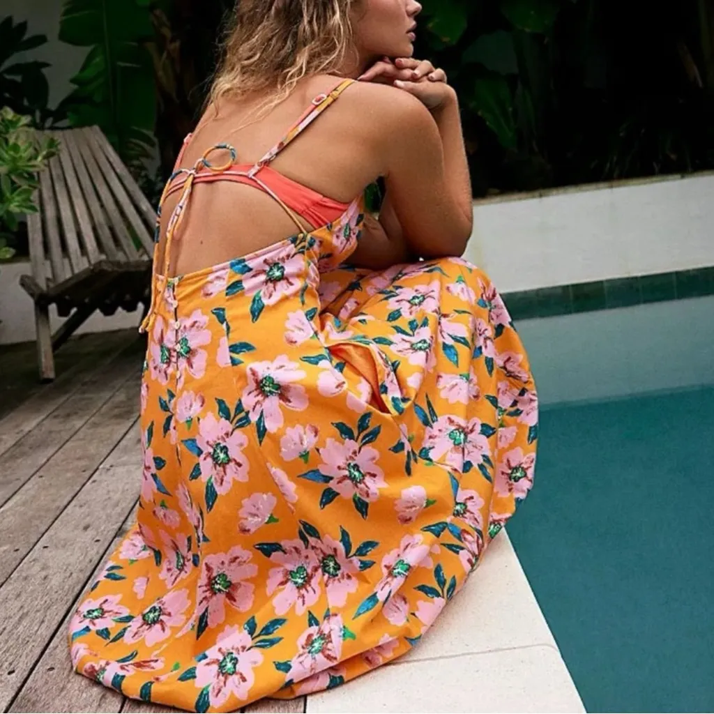 Free People Finer Things Printed Halter Midi Dress Sunshine Combo Small Tropical - Image 3