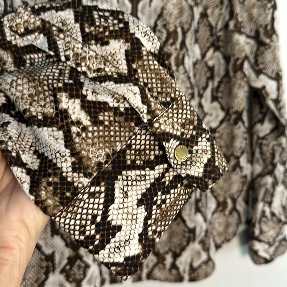 NEW Michael Kors Snakeskin Brown Full Zip Shirt Pockets Logo Long Sleeve Mobwife Size L - Image 5