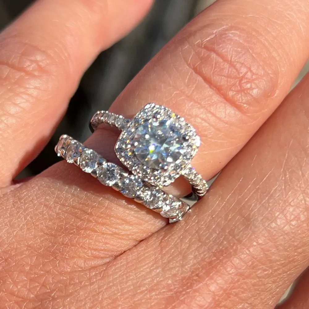 NEW 1ct. Center Stone Moissanite Halo Engagement Ring Total 2ct. w. Accents Silver Size 6 - Image 2