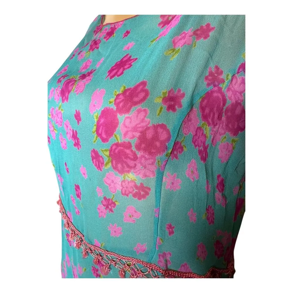 Johnny Was Boho Chic Sheer Blue pink floral Floral embroidery sequin maxi dress - Image 7