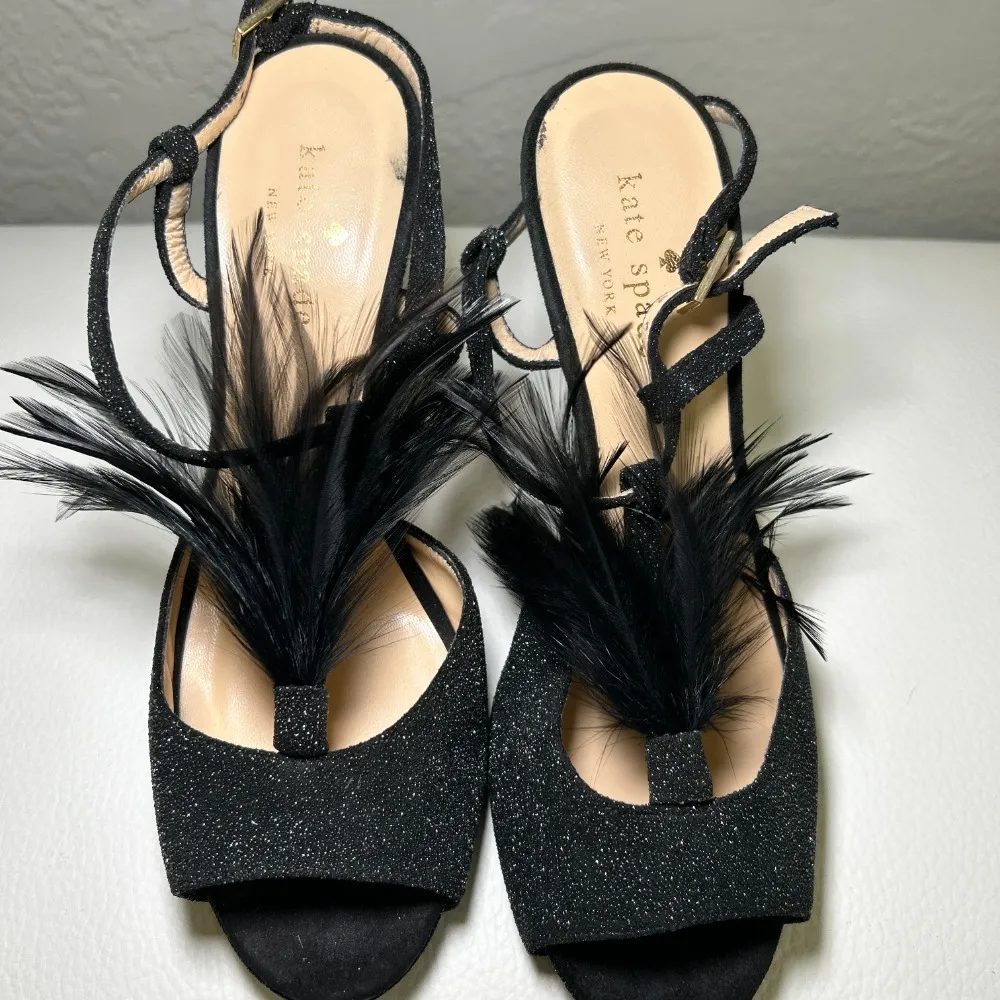 Kate Spade Glitter Feather Black Open Toe‎ Slingback Pumps Heels Size 7 - Image 3