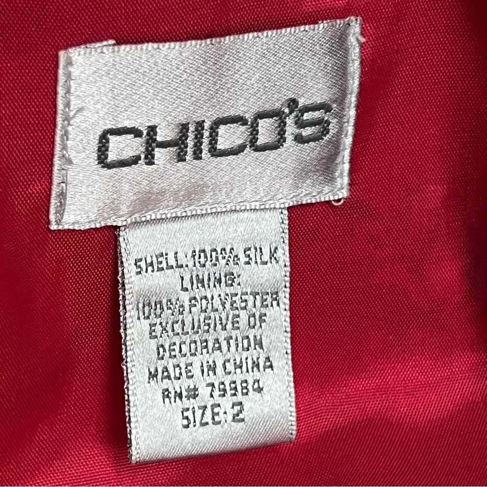Chico’s size 1 silk Blazer Red & Gold open jacket Blouse - Image 3