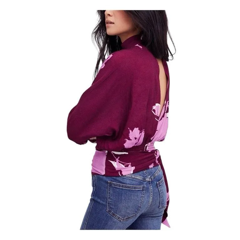 Free People Small Top Burgundy‎ Floral Mock Neck Long Sleeve Choker V Neck 1043 - Image 2