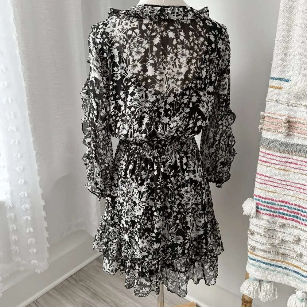 Shoshanna Praiano Black White Floral 3/4 Puff Ruffled Sleeve Silk Mini Dress 4 - Image 7