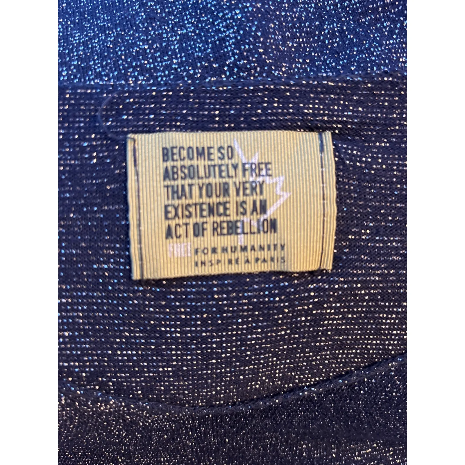 Free People's "Free for Humanity" blue Metallic Knit Long Sleeve Top Size Large - Image 2