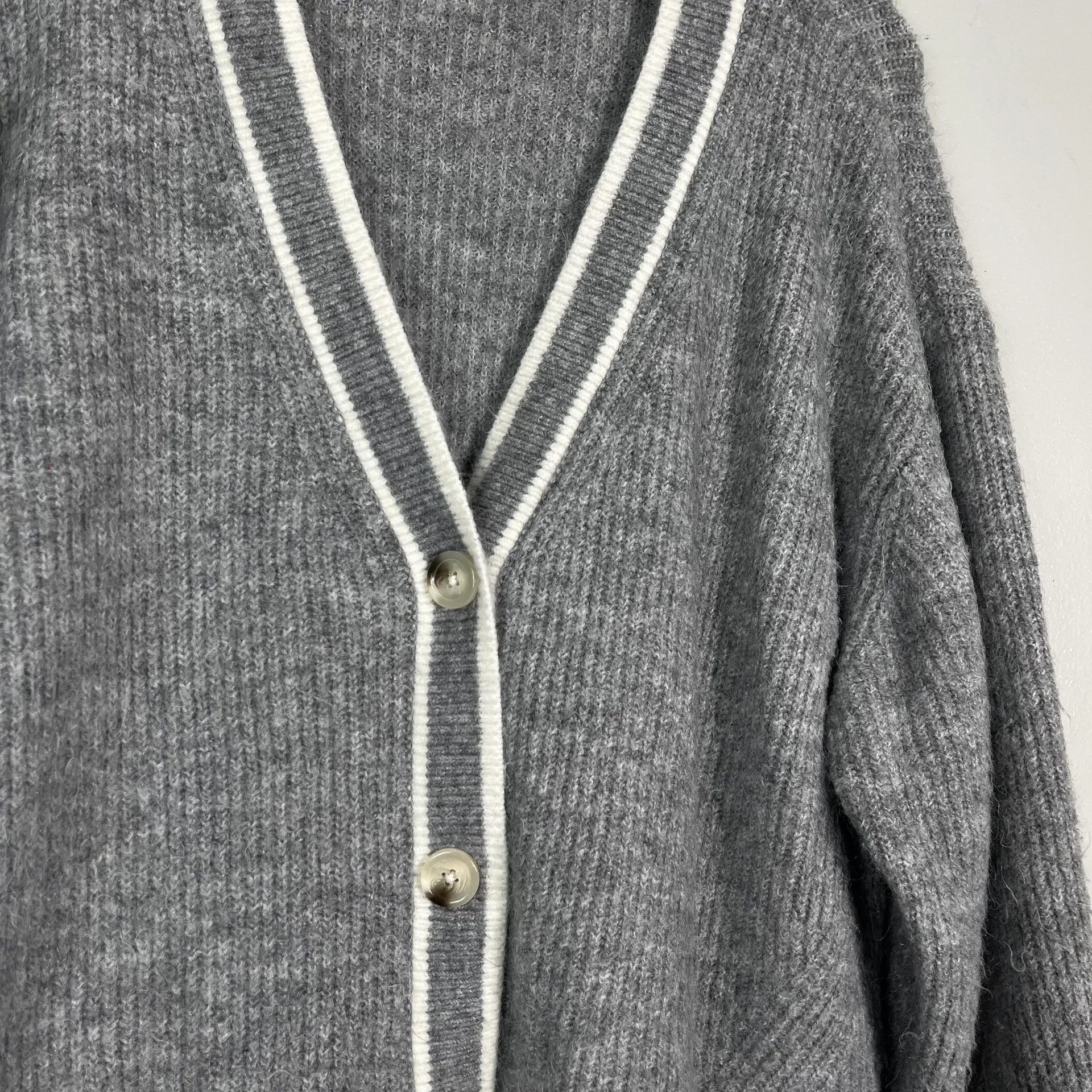 Gray White Varsity Stripe Trim Fuzzy Eyelash Knit Button Down Cardigan - Image 3