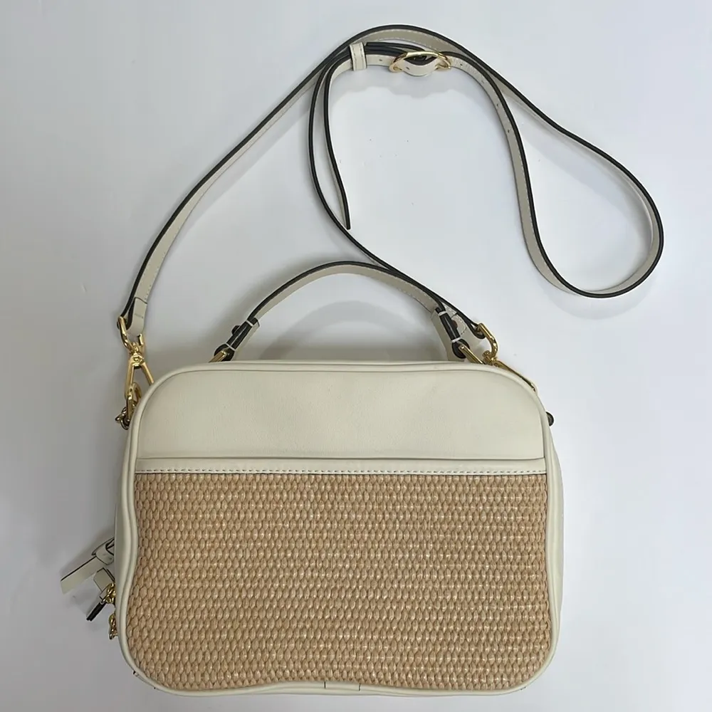 LDT Jill Vintage Lunch Box Bag Straw Leather Panel Crossbody Satchel in White - Image 3