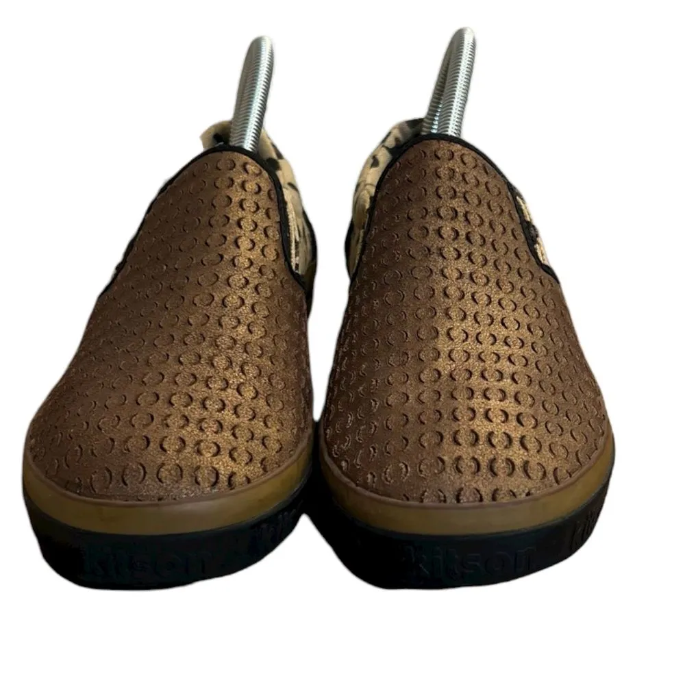 Kitson Los Angeles Bronze Leather and Animal Print Canvas Slip On Loafers Women' Brown Size 7.5 - Image 7