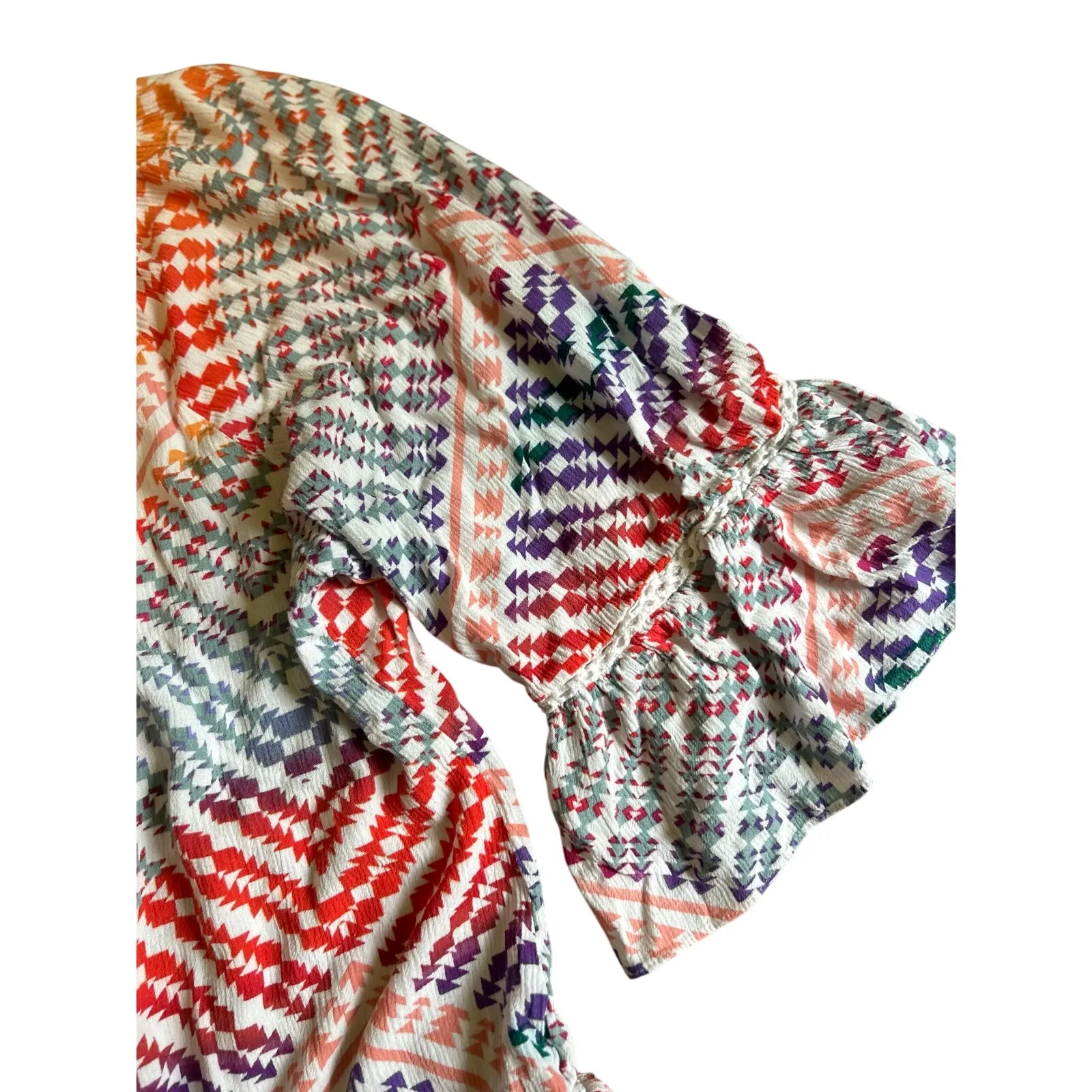 Zac & Rachel Boho Geometric Print Top Size 2X Colorful Indian Gauze Crochet Orange - Image 3