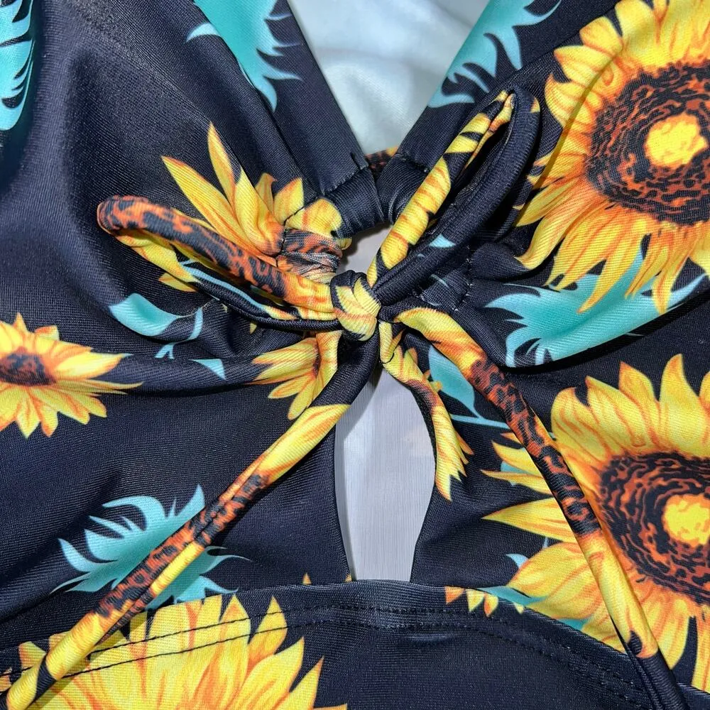 Hanna Nikole Womens Swimsuit Dress Sunflower Print Asymmetrical Hem Blue Yellow Size 18W - Image 3