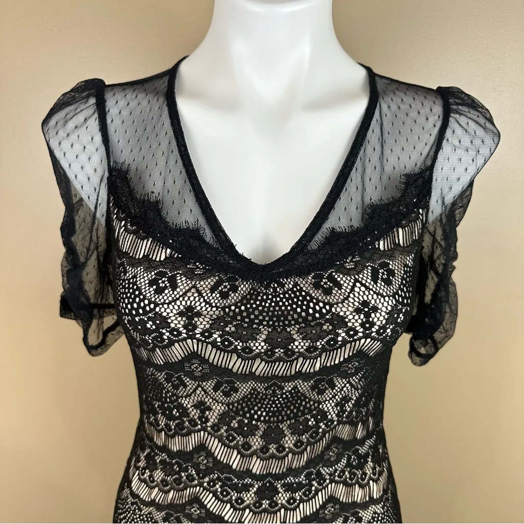 Fire Los Angeles Black Stretchy Lace Bodycon Sheath Dress XS Goth Witchy Vamp - Image 3