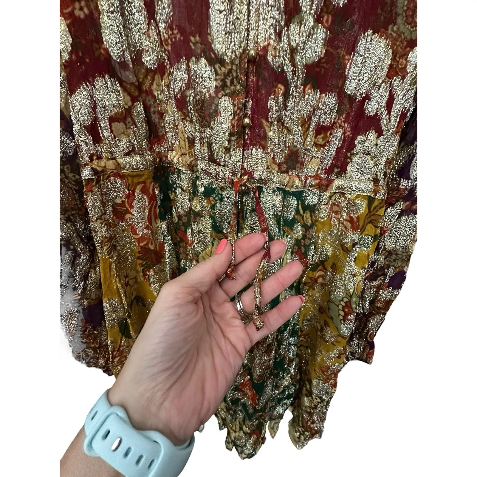Anthropologie Let Me Be Dress Medium Gold Rainbow Floral Boho Long Sleeve AB14-1 - Image 4