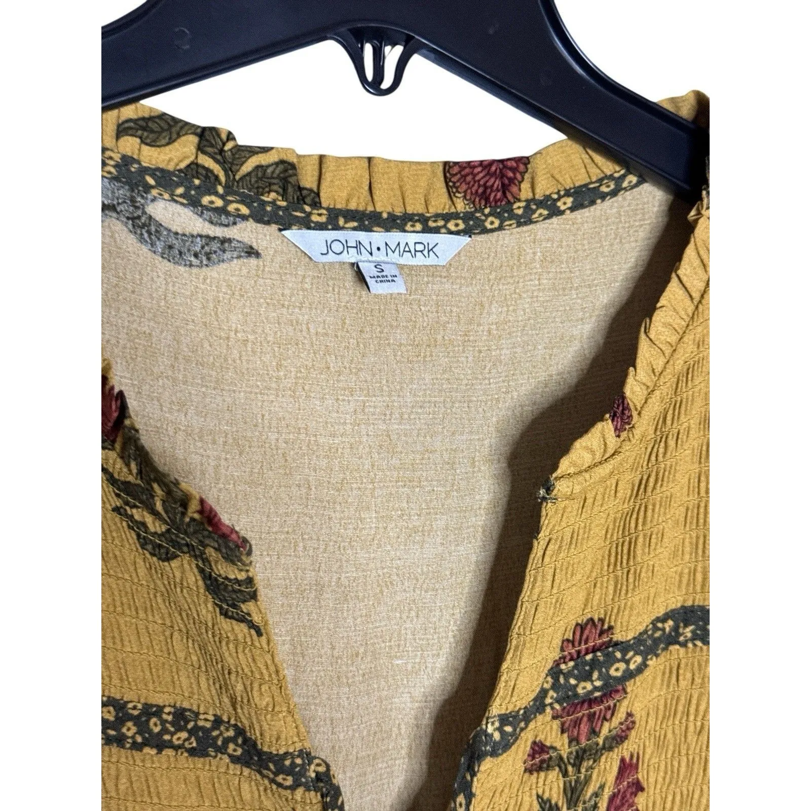 John Mark Boho Midi Dress Mustard‎ Floral Tassel Tie Peasant Style Small Cottage - Image 5