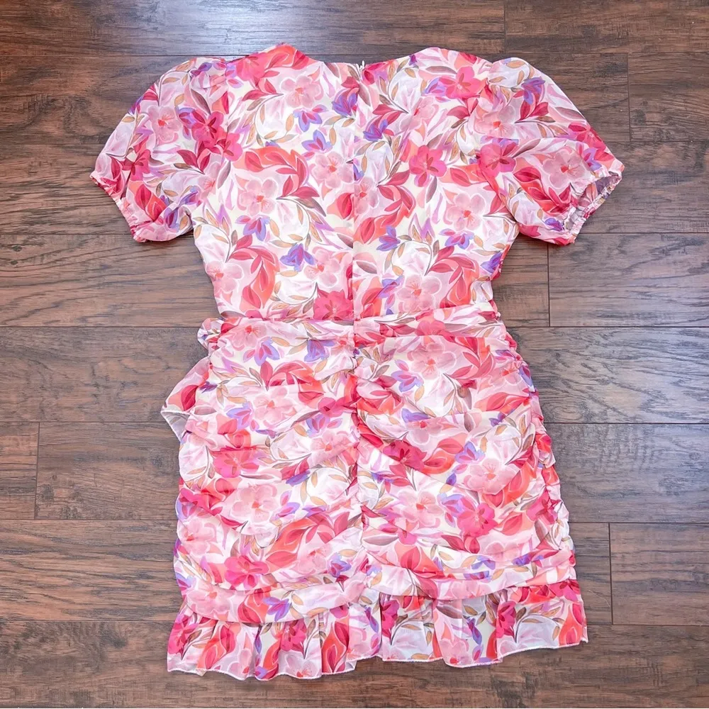 Showpo • Arwyn Dress mini pink floral chiffon ruched Eventful Bloom puff sleeve - Image 11
