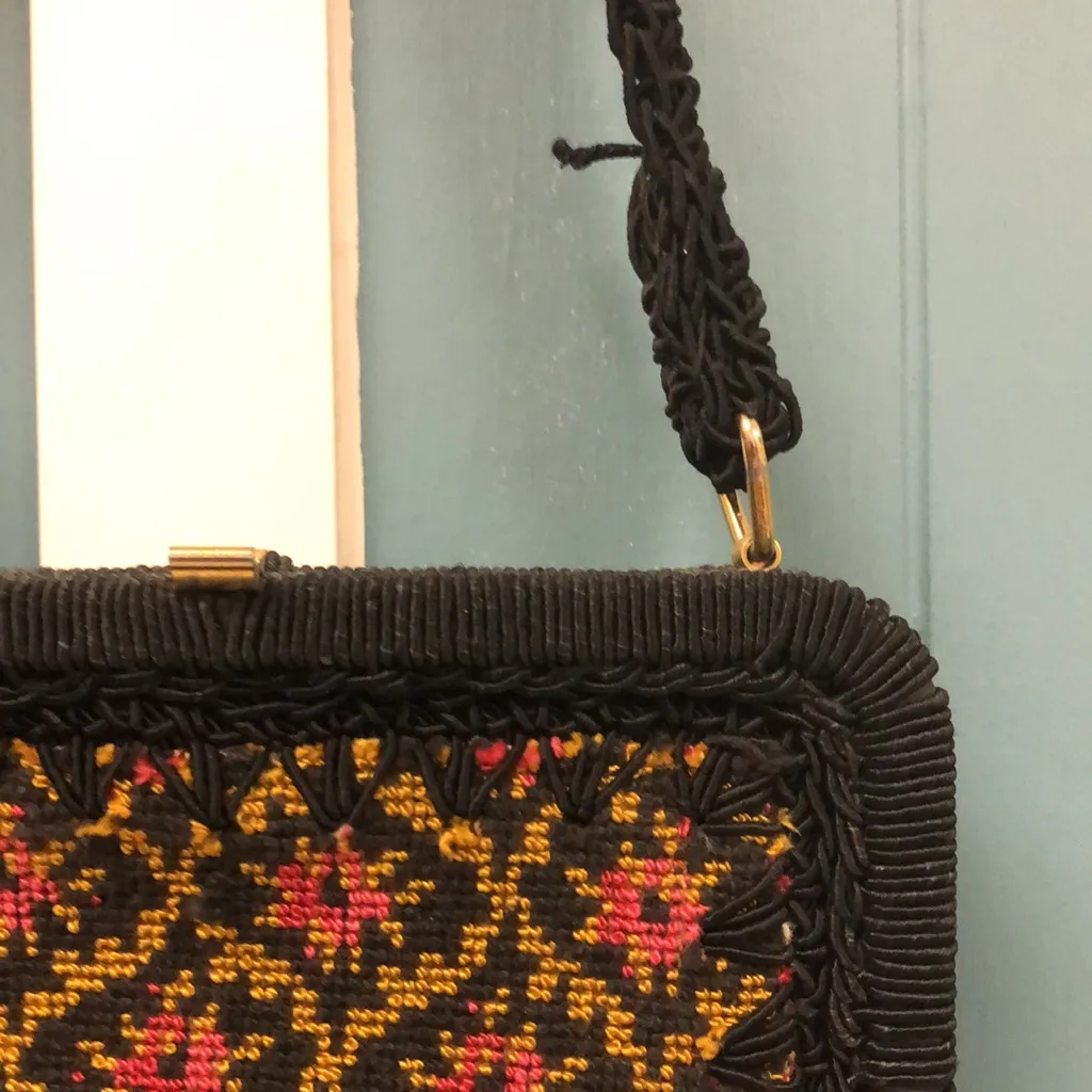Vintage Miriam Lefcourt hand crafted Knitted Purse Rare tapestry purse 10” x 8” Black - Image 3
