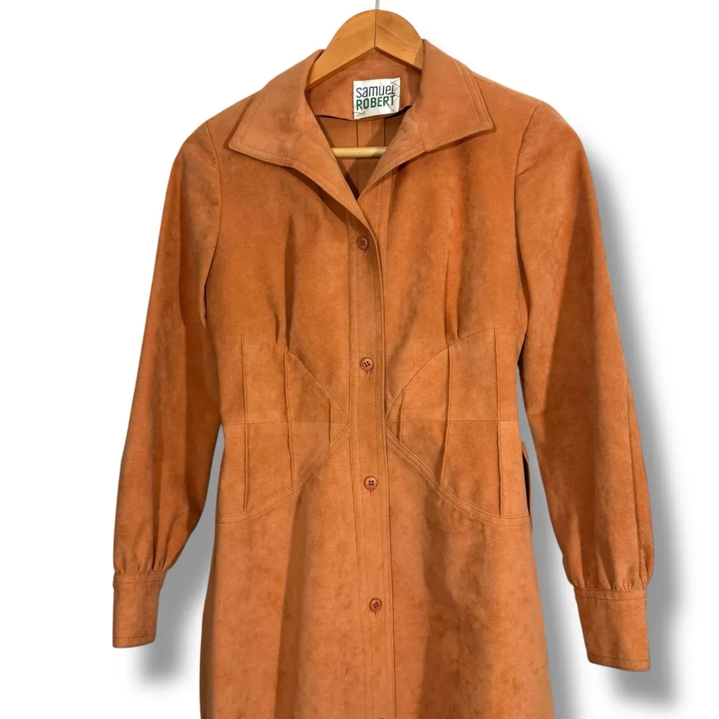 Vintage Samuel Robert Terracotta Orange Peach Suede Long Belted Coat - Image 3
