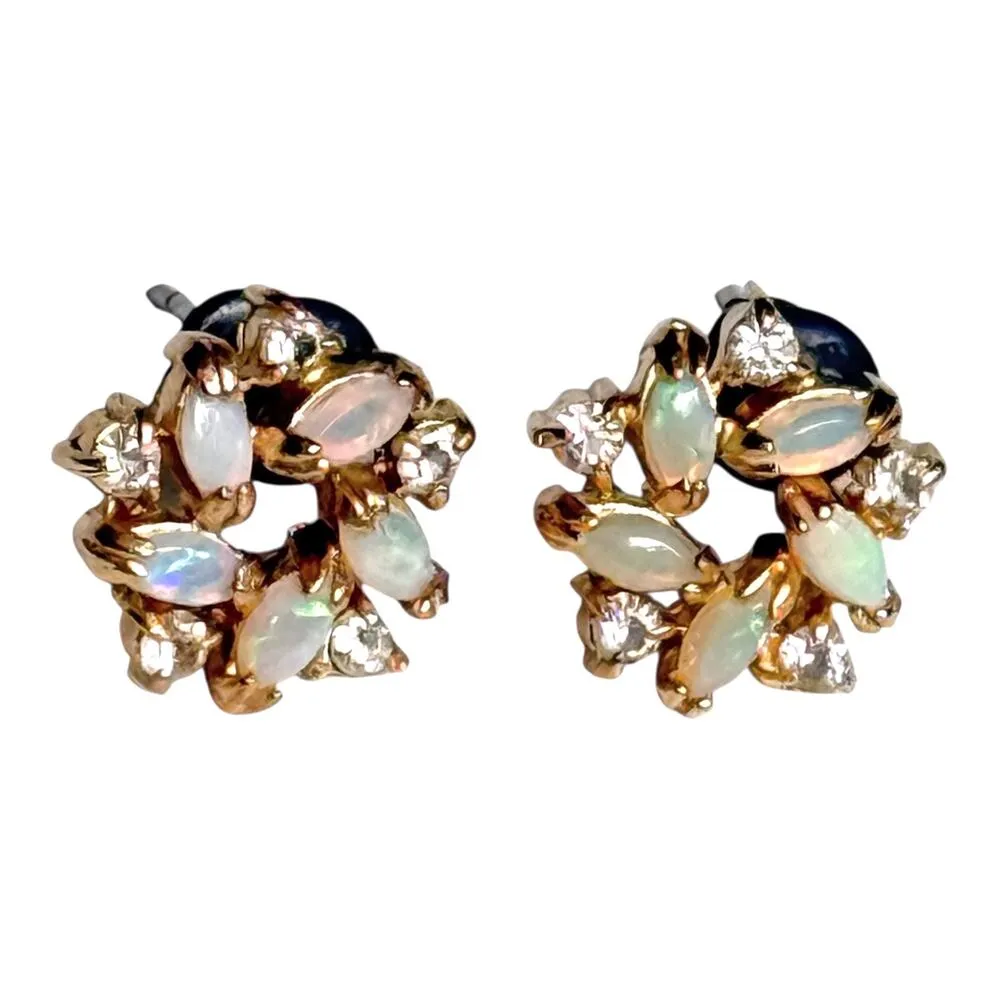 VTG Aurora Borealis Milk Glass STUD POST EARRINGS Simulated Fire Opal 1/2" Gold - Image 5