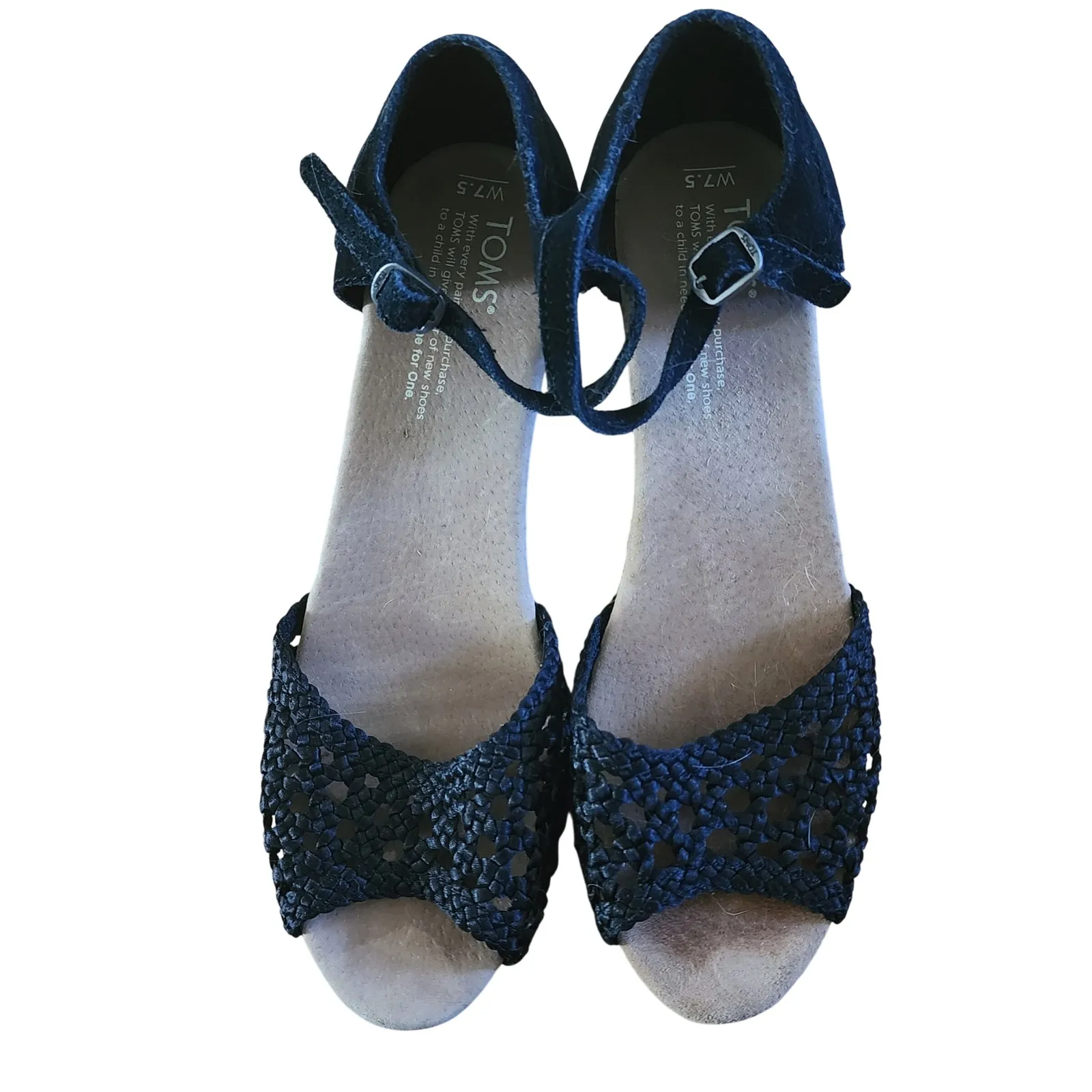 TOMS Womens Black Suede Woven Peep Toe‎ Cork Wedge Ankle Strap Sandals - Image 3