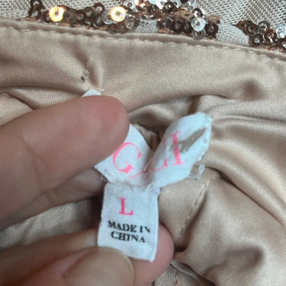 Agaci Gold Sequin High Slit Fitted Gown SZ L 8/10 Formal Gala Prom Stretchy - Image 15