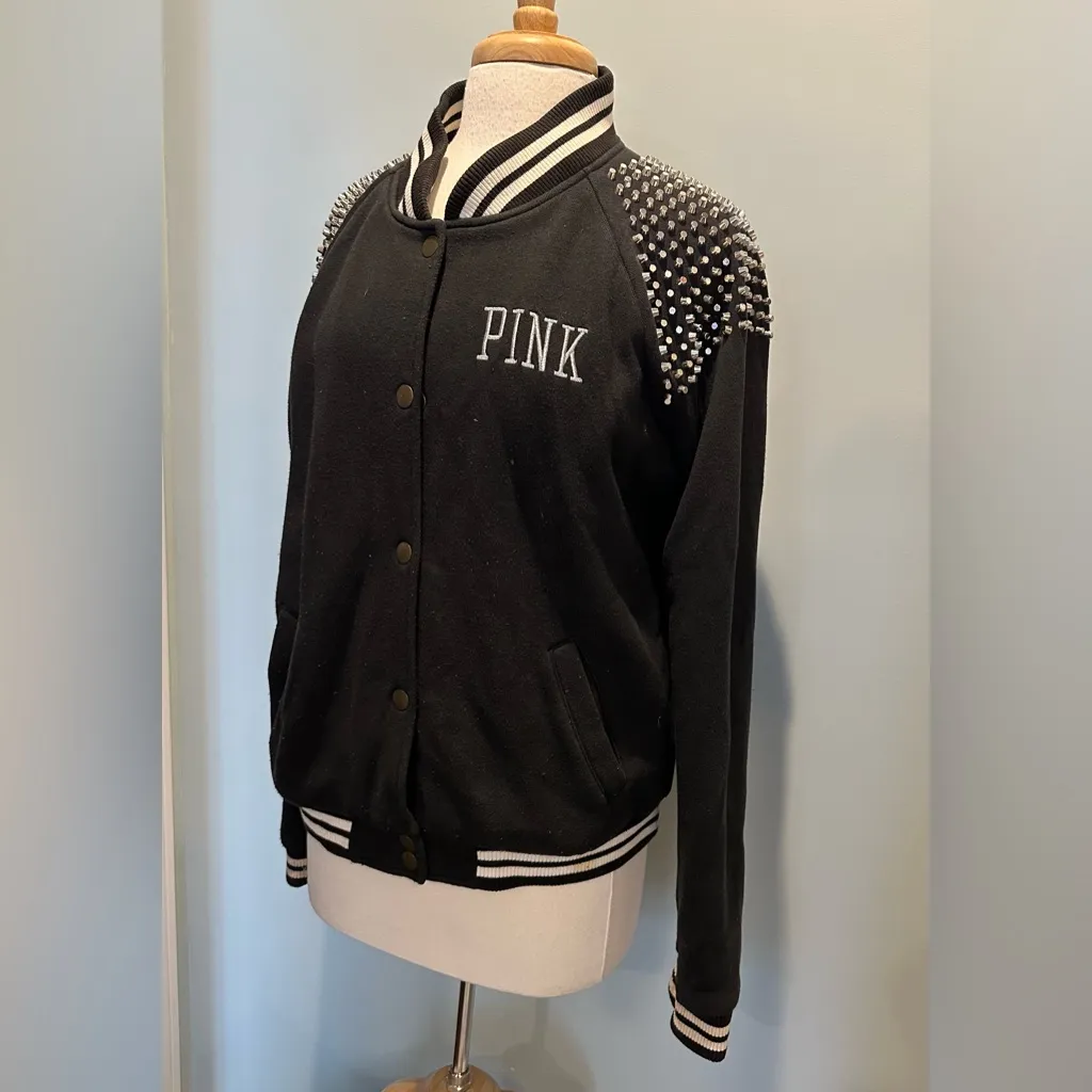 Victoria Secret PINK vintage rare black studded varsity bomber jacket size Large - Image 6