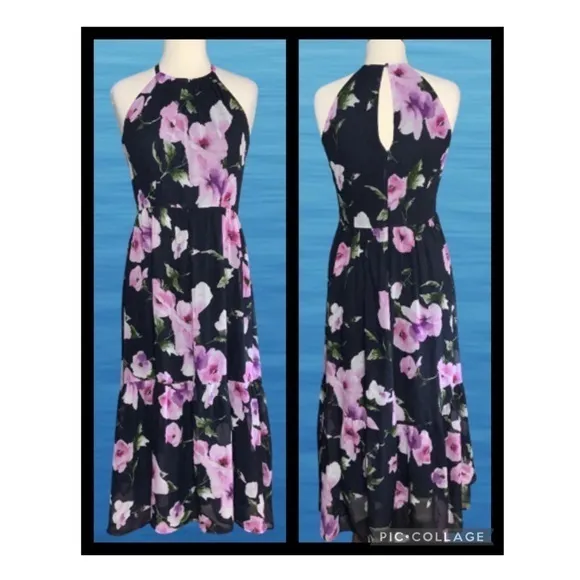 Vince Camuto Black Tropical Floral Halter Hi/Lo Maxi Chiffon Cruise Dress 4 - Image 2