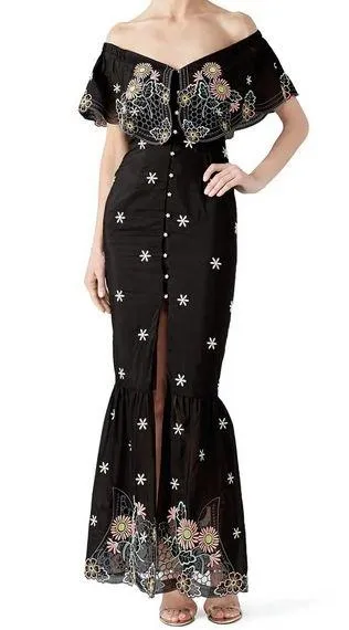 Alice McCall Black Floral Embroidered Honeycomb Daisy Off Shoulder Dress Size 2 - Image 1