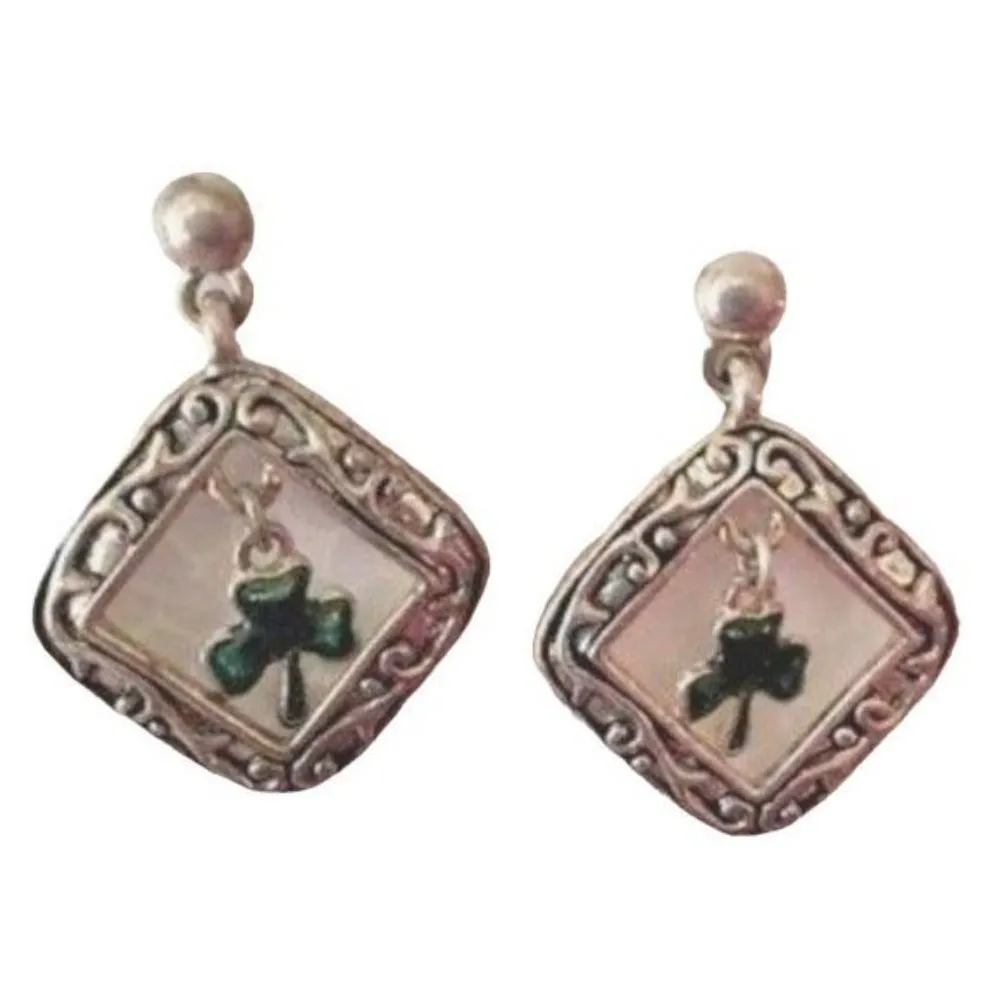 Vintage 80's Shamrock Earrings Handmade Dangle Posts St Patrick's Day Pa… Silver - Image 11