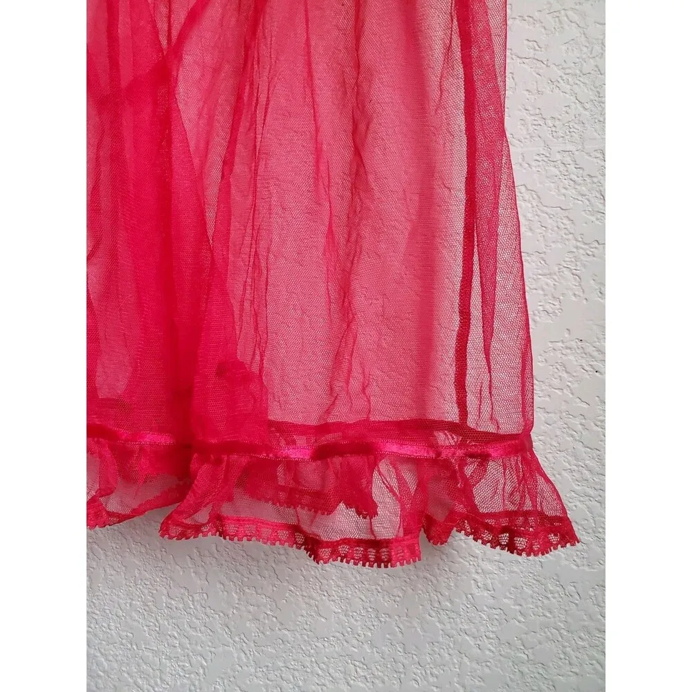 Victoria's Secret Babydoll Women Small Red Lace Bow Slip Dress Sheer Cami Ruffle - Image 9