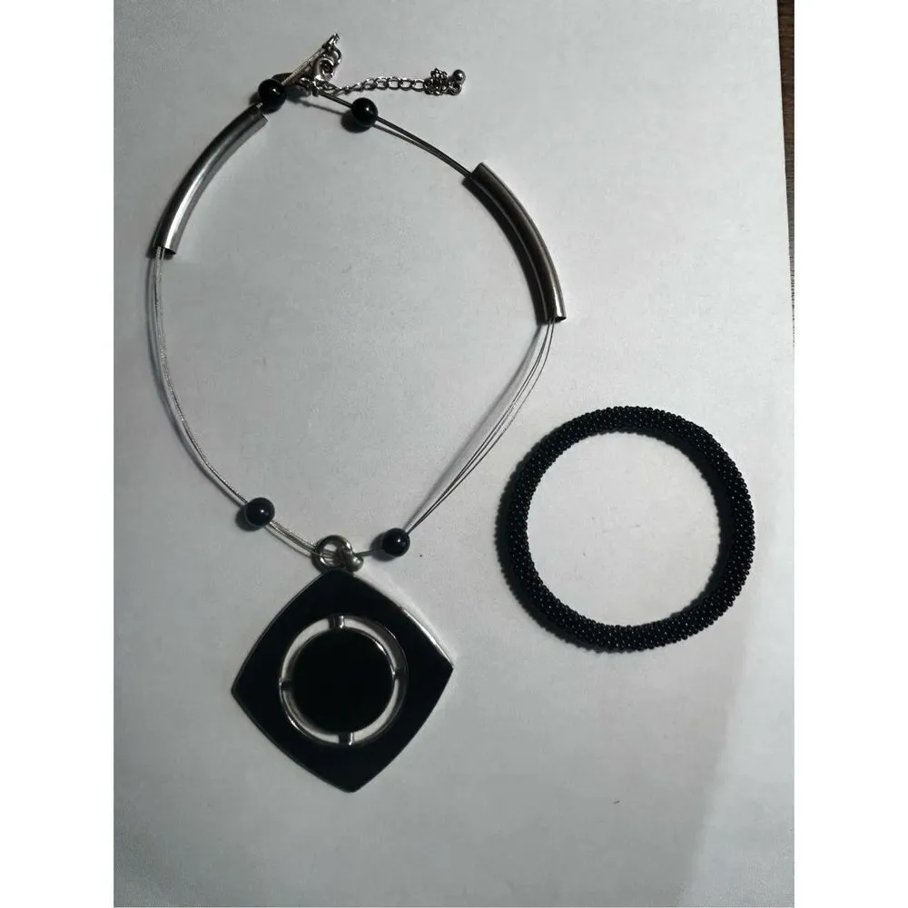 New York & Company black & silver block statement necklace and beaded bracelet s - Image 4