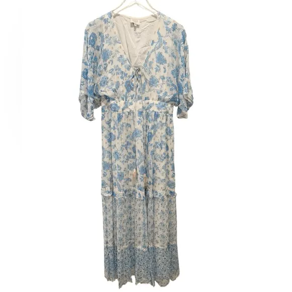 HEMANT‎ & NANDITA Calee Floral Tiered Maxi Dress Blue and White Large - Image 4