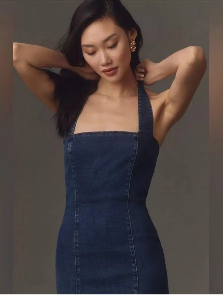 Reformation Evita Halter Neck Denim Midi Dress 4 - Image 3