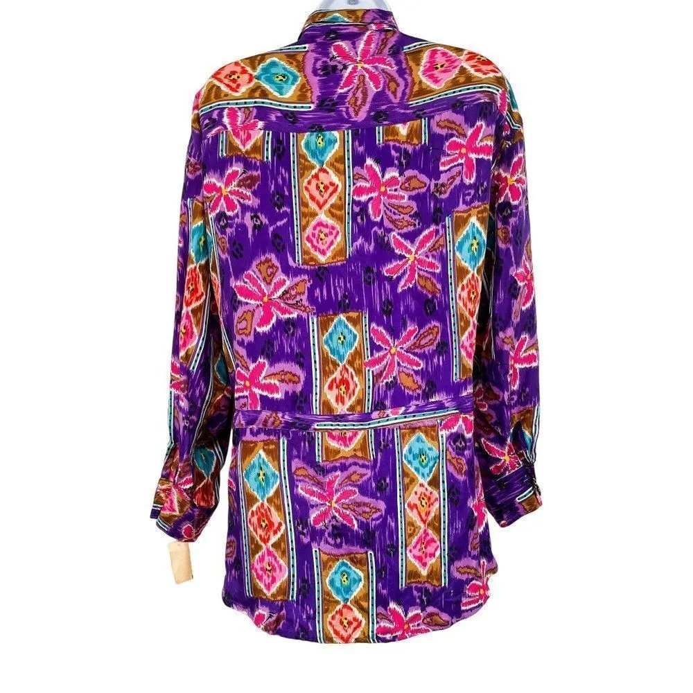 Vintage 80's Leslie Fay 100% Silk Abstract Colorful Retro Print Tunic Blouse - Image 3