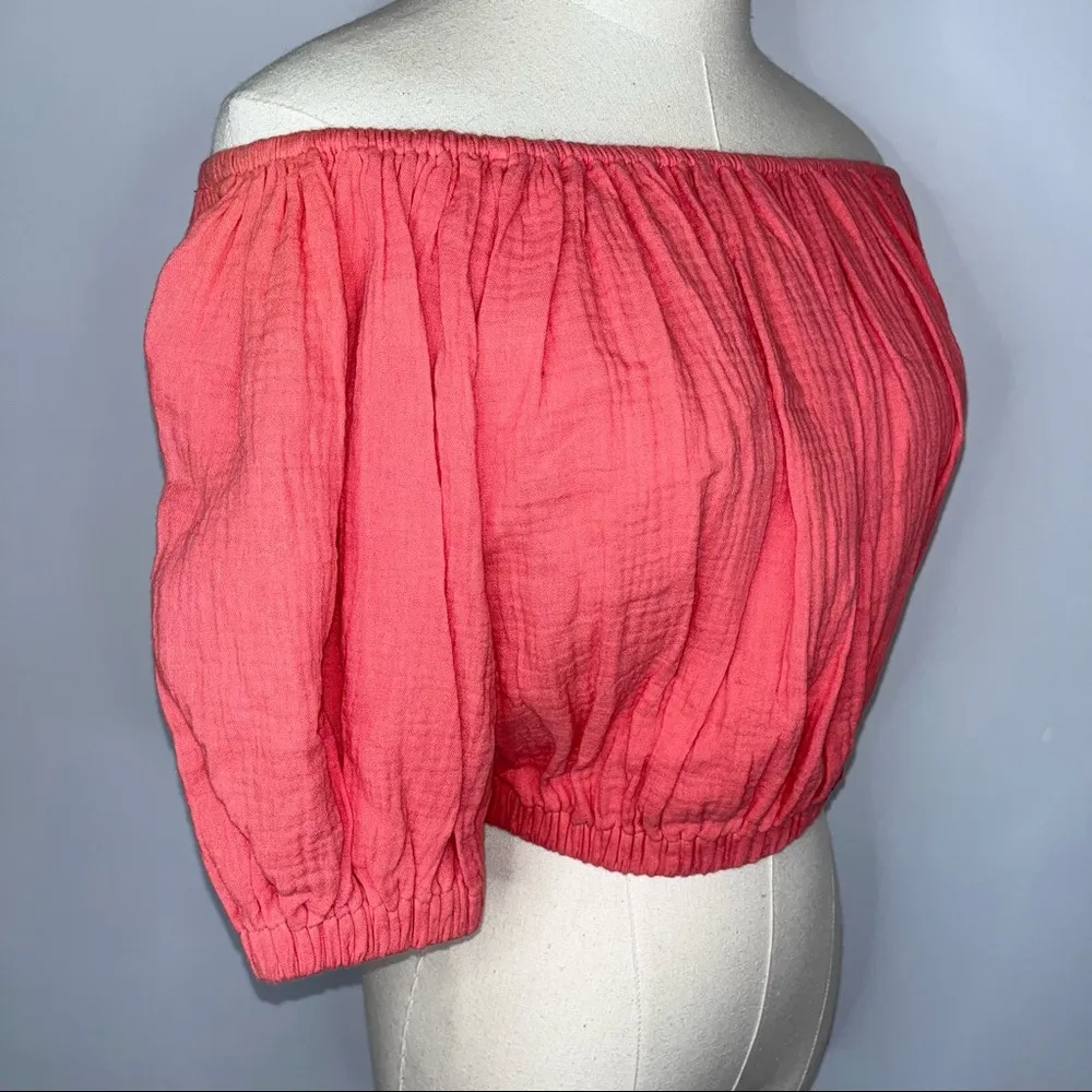 ELAN Coral Off The Shoulder Cropped Crop Top Small Puffy Sleeves NWT - Image 7