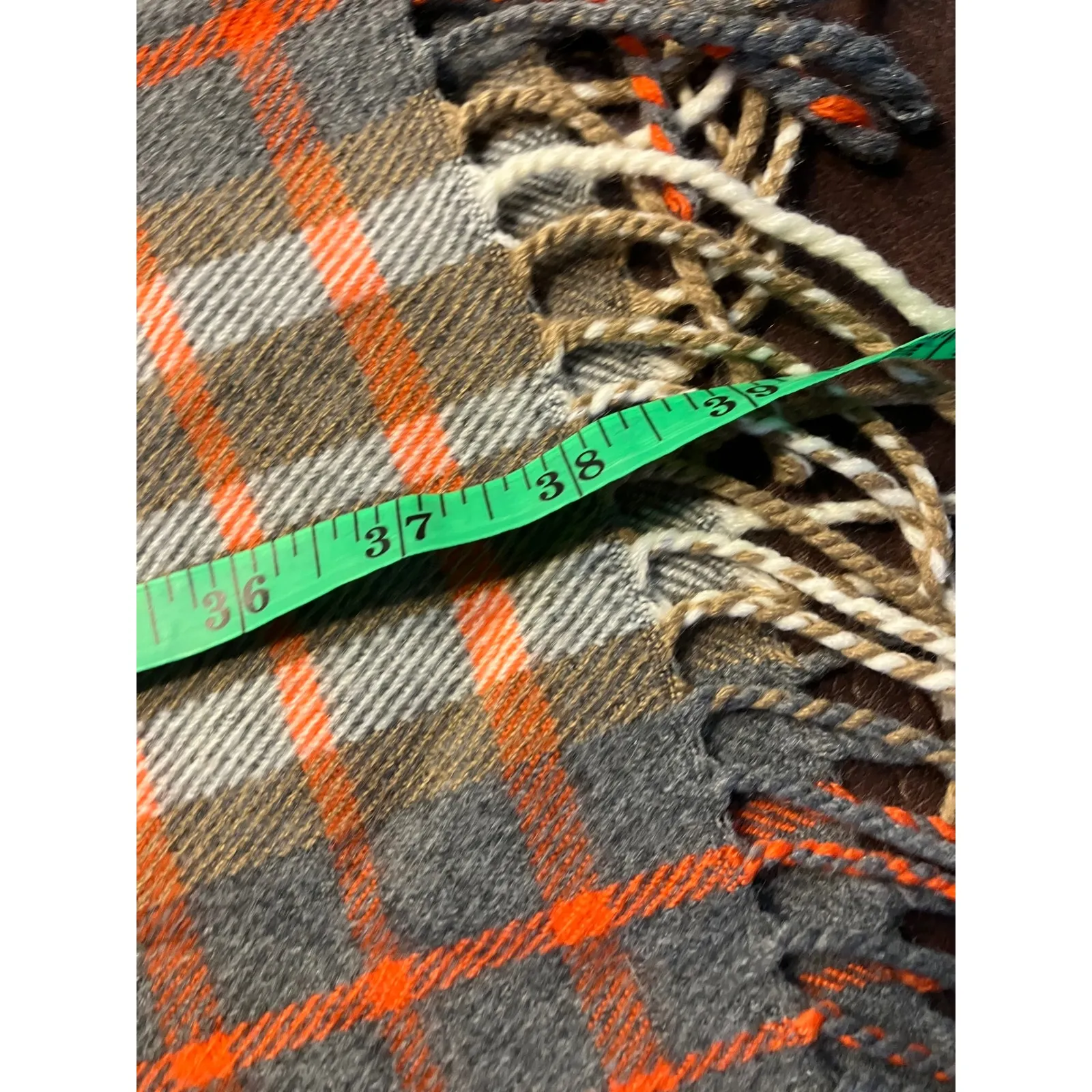 J. Crew Plaid Blanket Scarf Shawl Wrap Fringe Tan Gray Orange Check One Size - Image 12