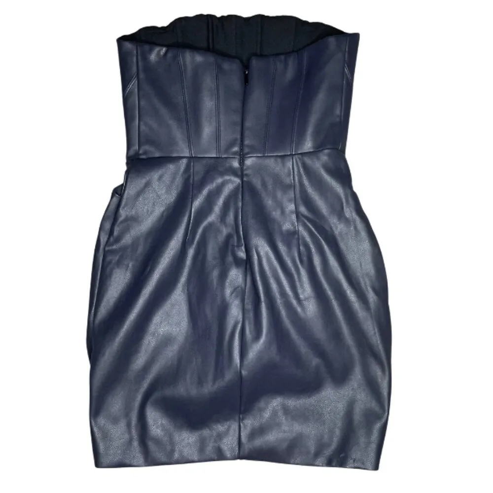 Navy Blue Faux Leather Bandea Strapless Corset Wrap Mini Dress Sz 4 - Image 4