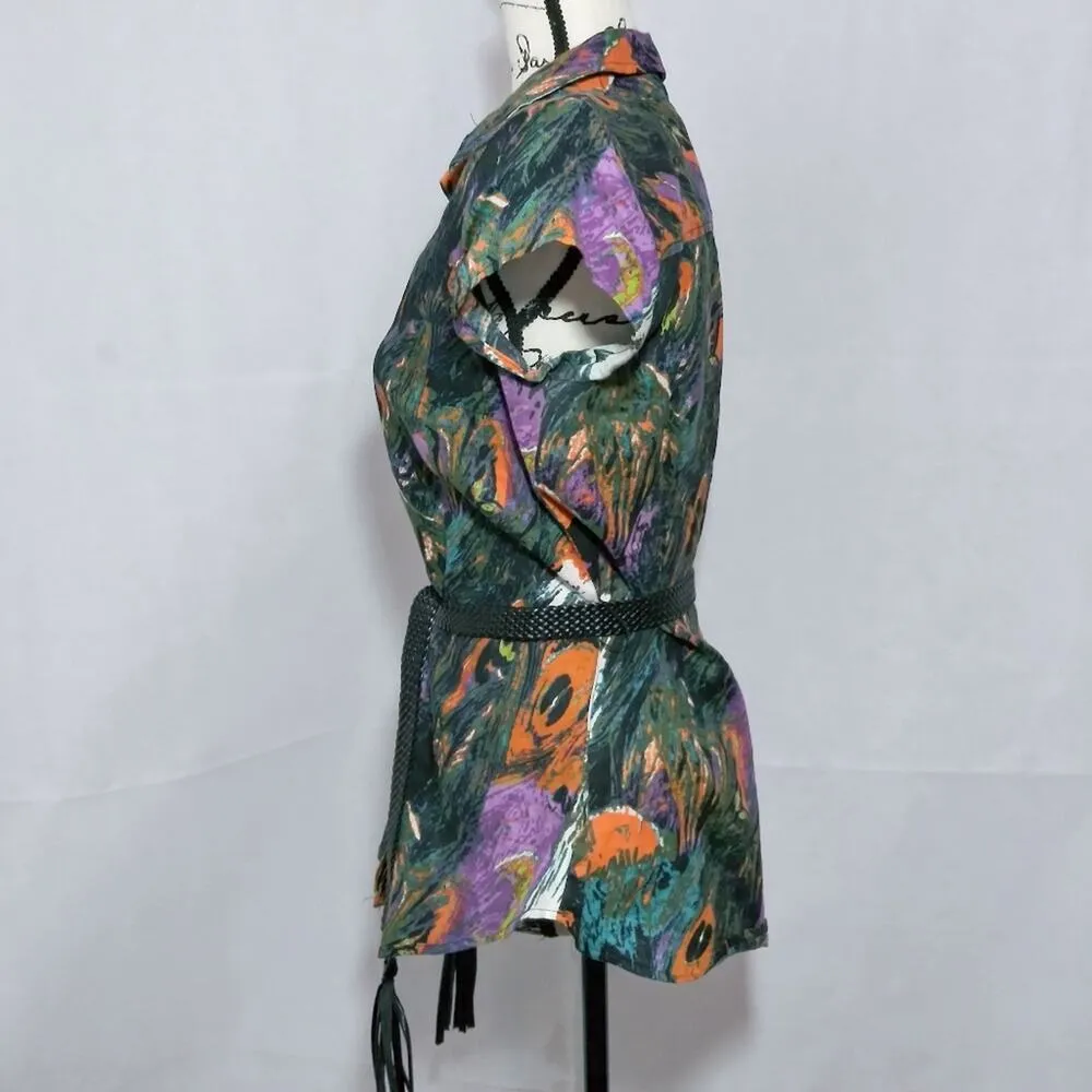 Richard Malcolm Colorful Abstract Peacock Feather Linen Top With Belt S - Image 5