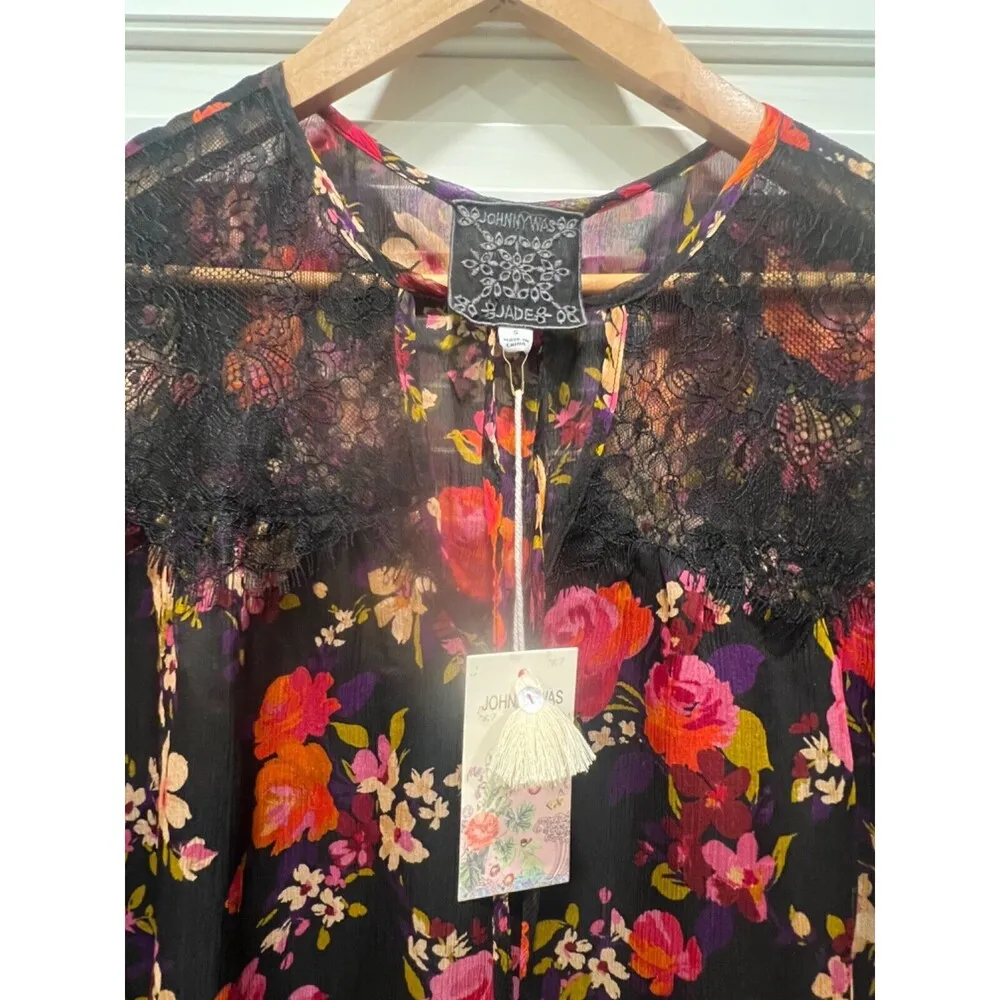 Johnny Was Black Floral Lace Blouse Sheer Long Sleeve Bohemian Peasant Top Small - Image 15
