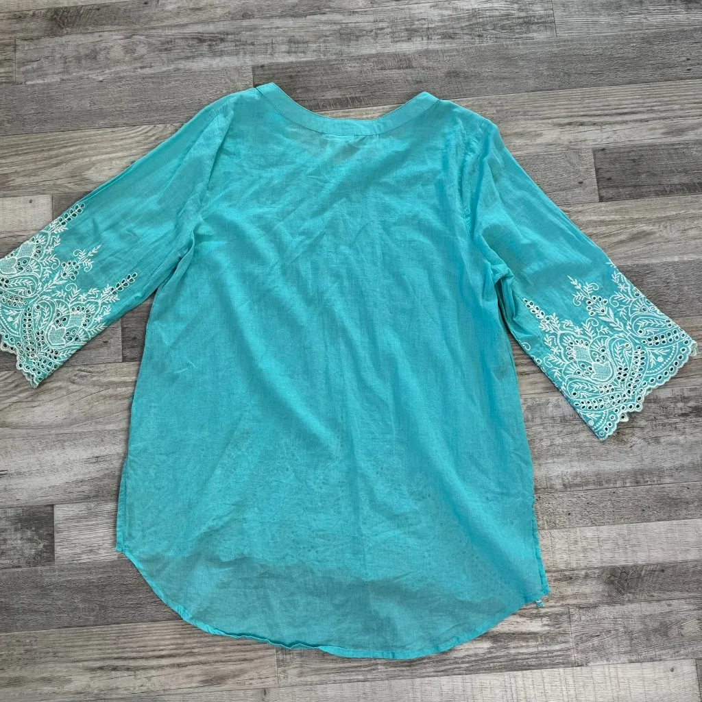 Forgotten Grace aqua embroidered lace tunic 3/4 sleeve size medium D30 - Image 7